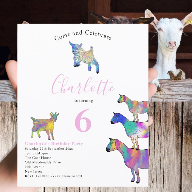 Fête d'anniversaire pour enfants aquarelle chèvres (Cute goats farm animal themed 6th birthday party budget invitation watercolor colorful animal art)