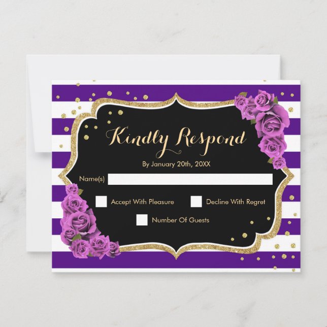 Fête d'anniversaire RSVP - Carte noire en or viole (Devant)