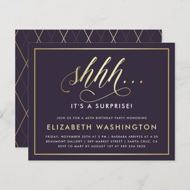 Fête d'anniversaire surprise Budget Or et Violet (Devant / Derrière)