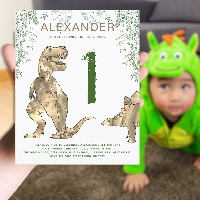 Fête d'anniversaire T-Rex 1ère année Sauvageon (Wild one T-Rex dinosaur jungle 1st birthday party invitation brown and green)