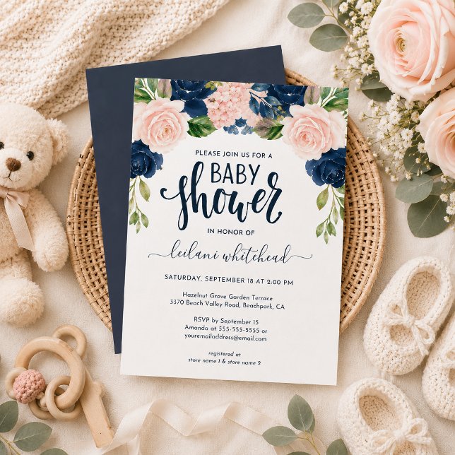 Fête de bébé : invitation florale rose et marine (Invite guests in elegant style with this navy blue and blush pink floral baby shower invitation.)