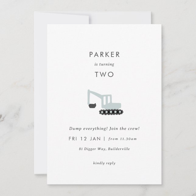 Fête de construction Digger minimal Invitation d'a (Devant)