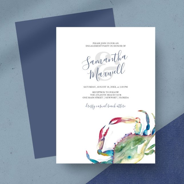 Fête de fiançailles au crabe côtier à l'aquarelle (Engagement party invitations watercolor crab art by Victoria Grigaliunas)