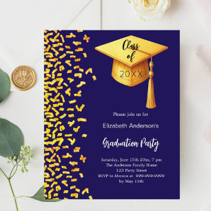 Fête de graduation en or bleu foncé invitation