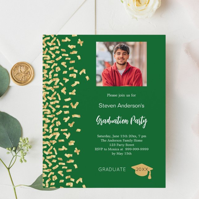 Fête de graduation en or vert invitation photo (Créateur téléchargé)