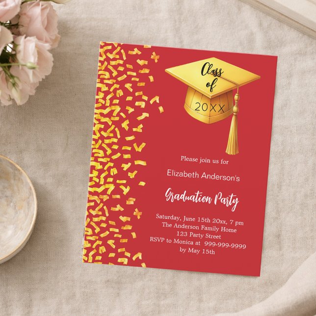 Fête de graduation rouge or confetti invitation (Créateur téléchargé)