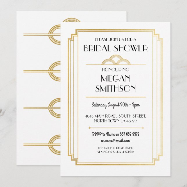 Fête de l'mariée Art déco Gatsby Gold Invitation 1 (Devant / Derrière)