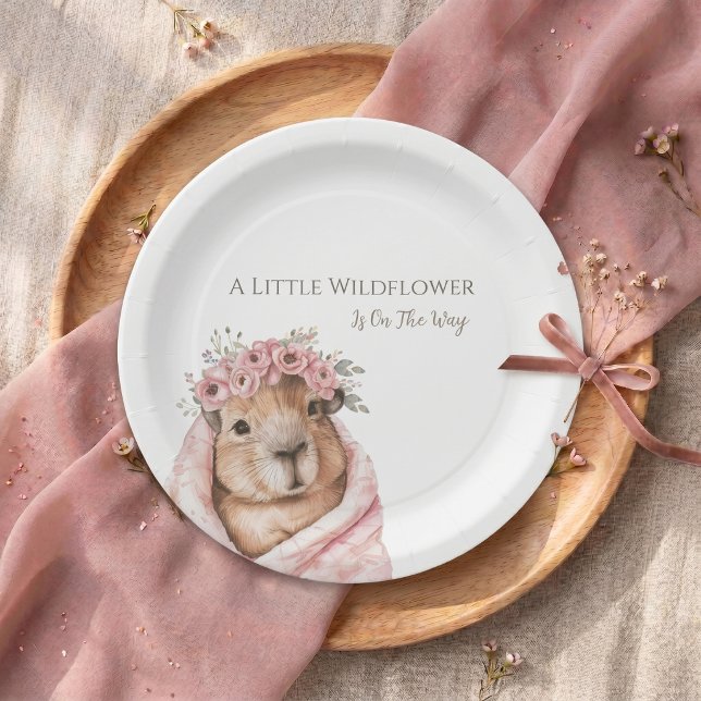 Fête de naissance Capybara • Assiette en papier Wi (Capybara Baby Shower  Wildflower Paper Plate)