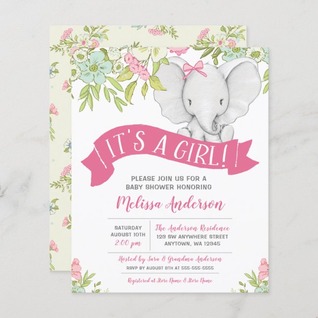 Fête de Naissance Fleurie Éléphant Fille Budget (Devant / Derrière)