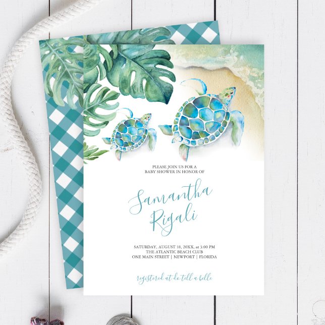 Fête de naissance garçon Tortue de mer Feuilles tr (Baby shower invitations tropical watercolor sea turtle, palm leaves and ocean with gingham print)