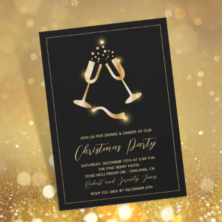 Fête de Noël Black Gold Champagne Invitation