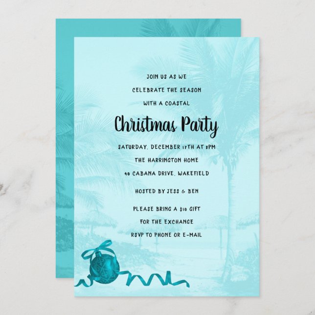 Fête de Noël côtière Palmiers bleus Invitation (Devant / Derrière)