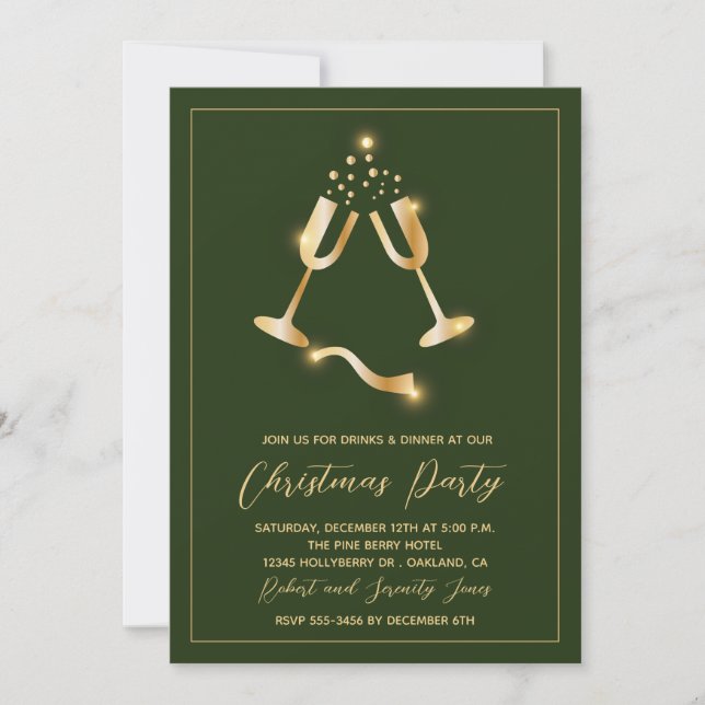 Fête de Noël Green Gold Champagne Invitation (Devant)