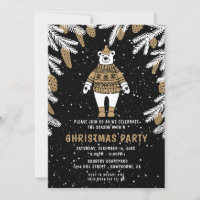 Fête de Noël noir & or Ours Invitation
