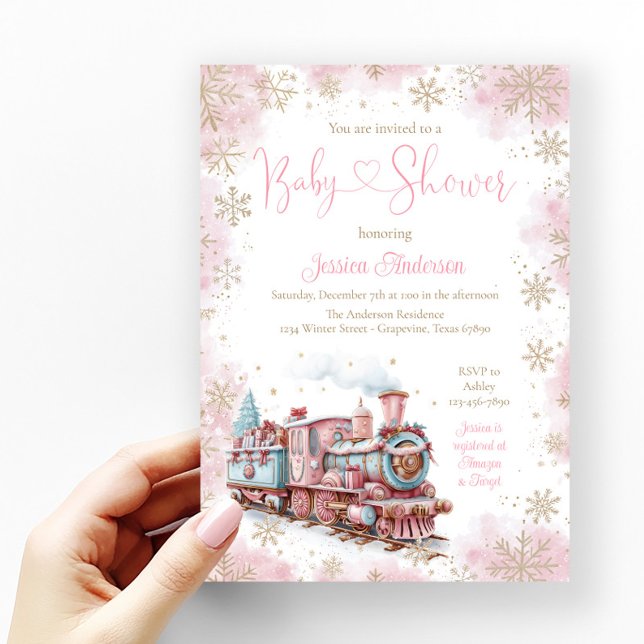 Fête de Noël pour Bébé Fille Train Invitation pour (Pink and gold snowflake baby shower invitation with cute pastel Christmas train.)