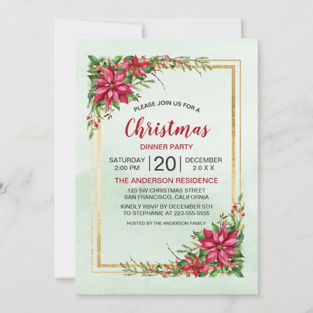 Fête de Noël Rouge Poinsettia Floral Gold Frame (Devant)