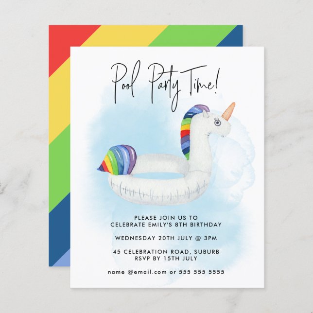 Fête de piscine d'été Licorne Arc-en-ciel Annivers (Devant / Derrière)