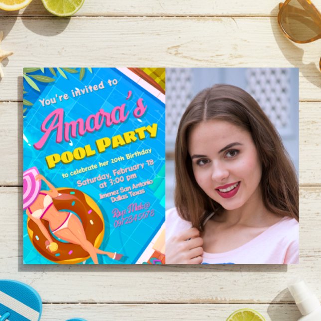 Fête de Piscine - Fille avec Invitation Photo (Pool Party Landscape Invitation with Photo)