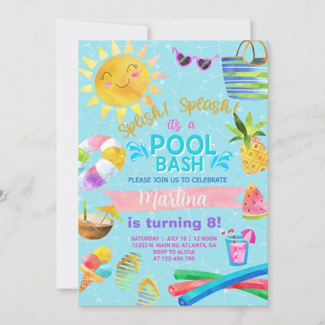 Fête de piscine pour filles, billard invitation ét (Devant)