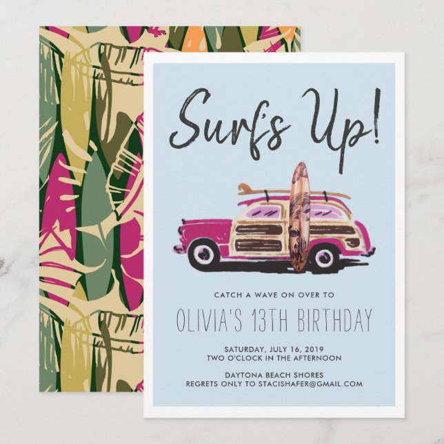 Fête de surf d'été | Invitation de voiture rose vi (Devant / Derrière)
