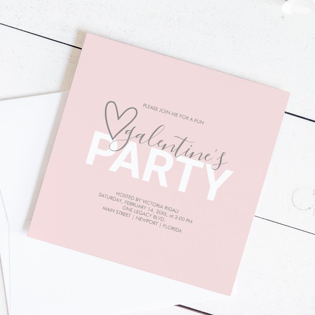 Fête de Valentines (Galentines party invitations in pink with a heart. )