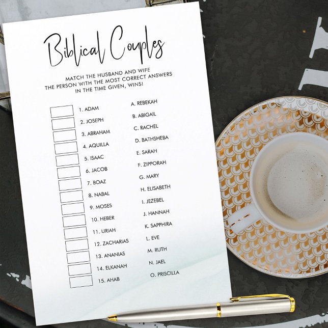 Fête des mariées Biblique Couples Jeu Lave verte (Biblical Couples bridal shower game .. see who can match the most husband and wives. )