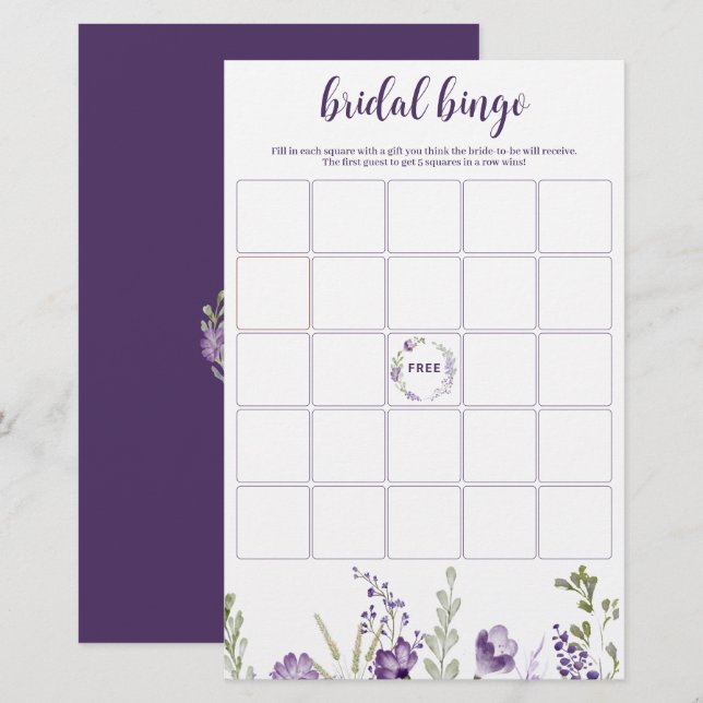 Fête des mariées Bingo Jeu Purple Lavender Floral (Devant / Derrière)