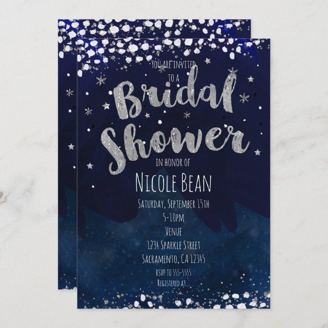 Fête des mariées Blue & Silver Starry Invitations (Devant / Derrière)