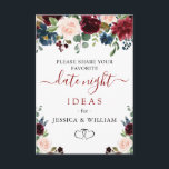 Fête des mariées Bourgogne Date Nuit Idée Carte Co<br><div class="desc">Burgundy Navy Blue Blush Floral Fête des mariées Date Nuit Idée Carte Conseil.</div>