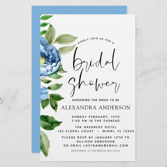 Fête des mariées budgétaire Blue Floral Invitation (Devant / Derrière)