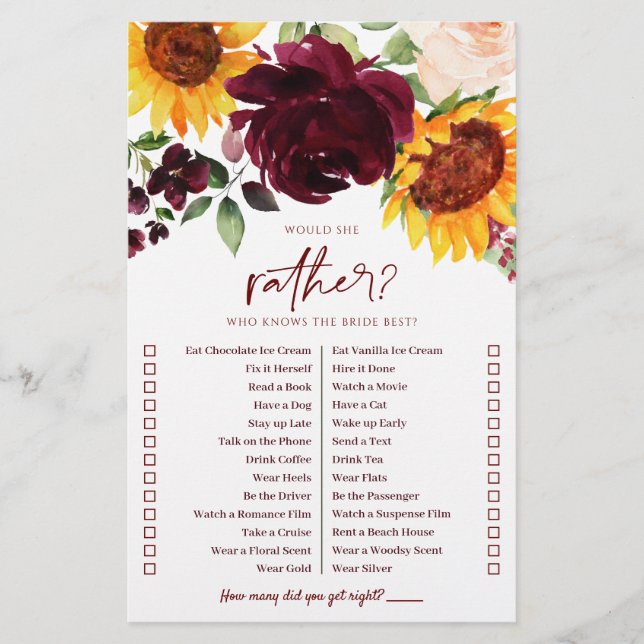 Fête des mariées D'Automne Jeu Qui Connaît Fleurs  (Devant)