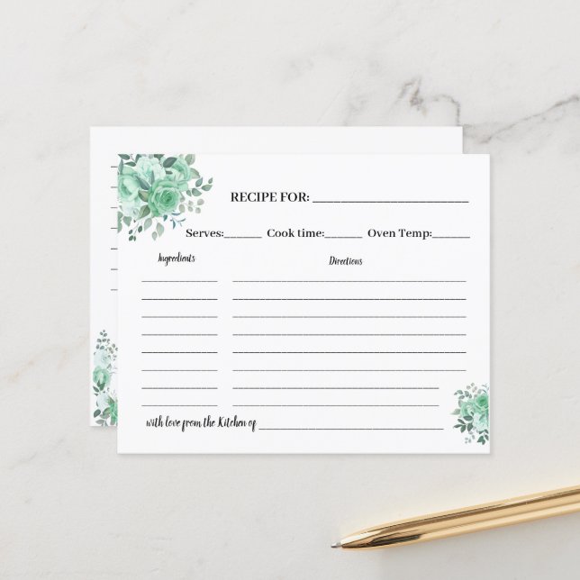 Fête des mariées de la carte de recettes Rose vert (Devant/Arrière en situation)