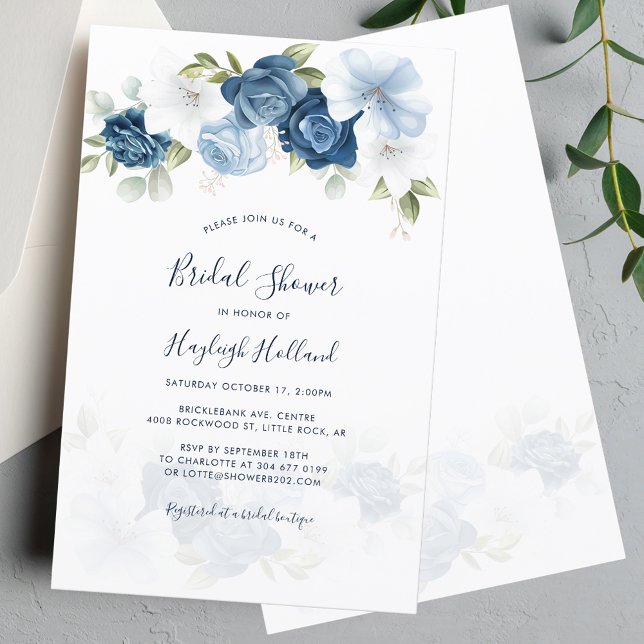 Fête des mariées Dusty Blue Floral Script Invitati (Floral Dusty Blue Watercolor Bridal Shower Invitation)