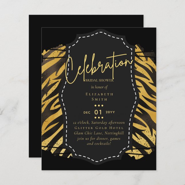 Fête des mariées en or noir brillant Invitations (Devant / Derrière)