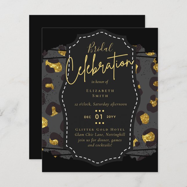 Fête des mariées en or noir brillant Invitations (Devant / Derrière)