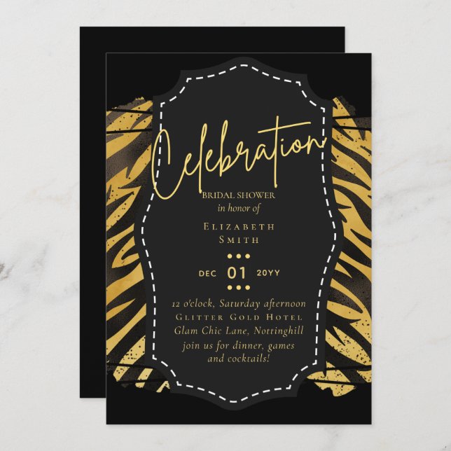 Fête des mariées en or noir brillant Invitations (Devant / Derrière)