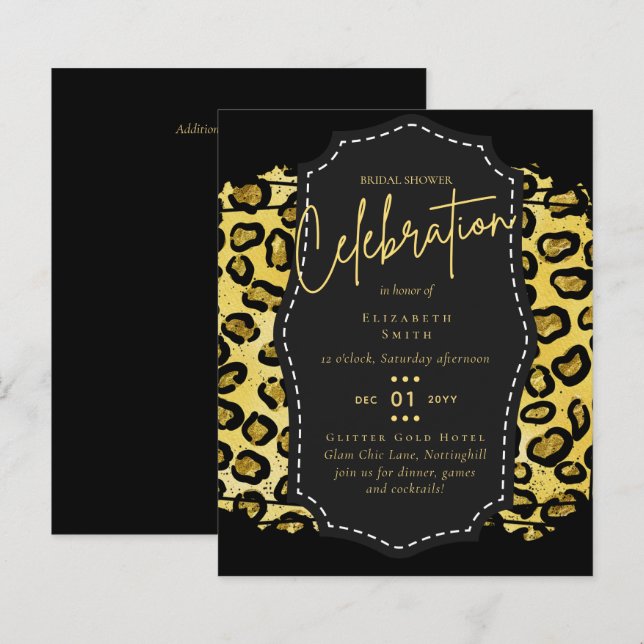 Fête des mariées en or noir brillant Invitations (Devant / Derrière)