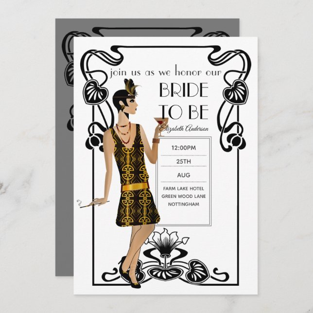 Fête des mariées en or noir brillant Invitations (Devant / Derrière)