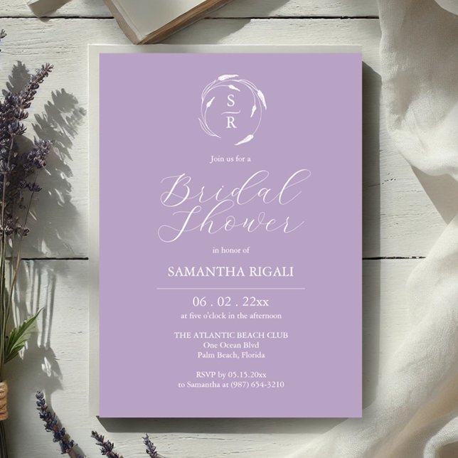Fête des mariées Invitations violet monogramme (Bridal shower invitations lavender line art by Victoria Grigaliunas of Do Tell A Belle)