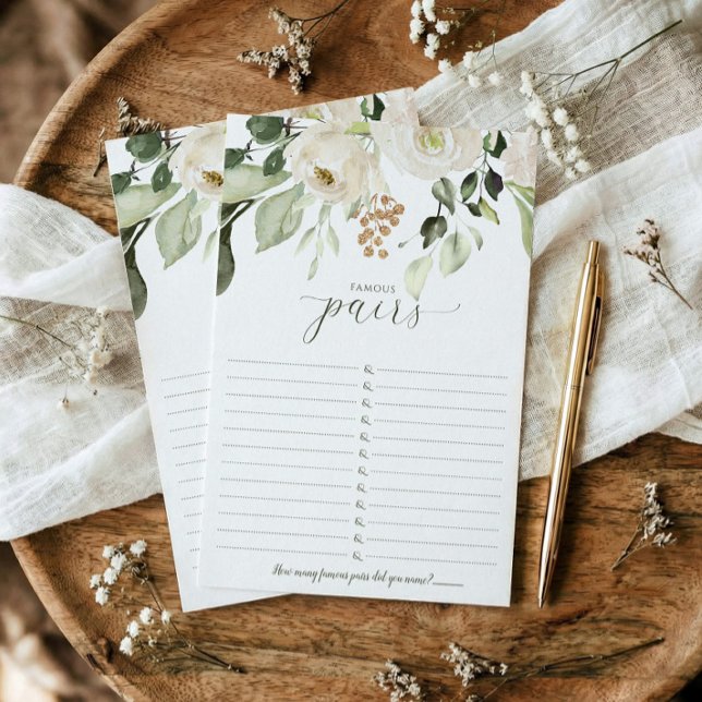 Fête des mariées Jeu Couples célèbres - Fameux pai (Famous couples printed bridal shower game - elegant white watercolor floral sage greenery)