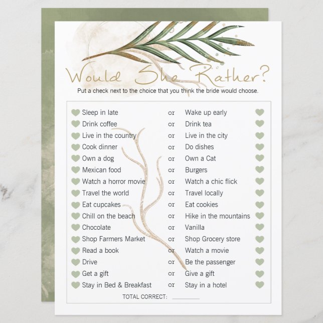 Fête des mariées Jeu Elle Plairait Gold Sage (Devant / Derrière)