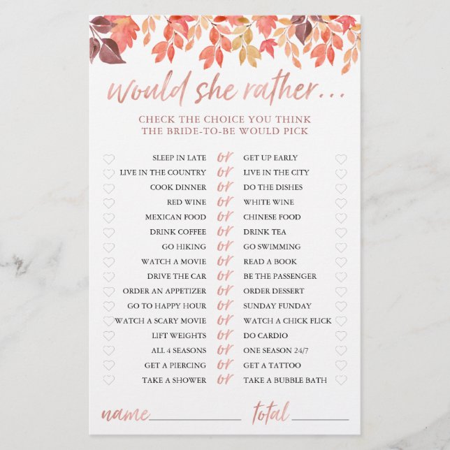 Fête des mariées Jeu Elle Préférerait Tomber Feuil (Devant)
