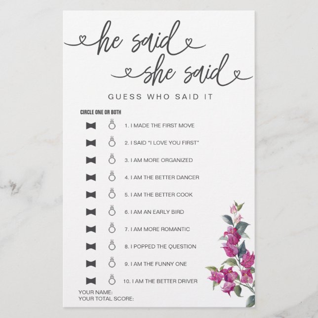 Fête des mariées Jeu Il A Dit Qu'Elle A Dit Devine (Devant)