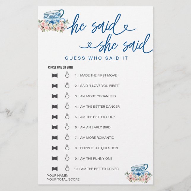 Fête des mariées Jeu Il A Dit Qu'Elle A Dit Devine (Devant)