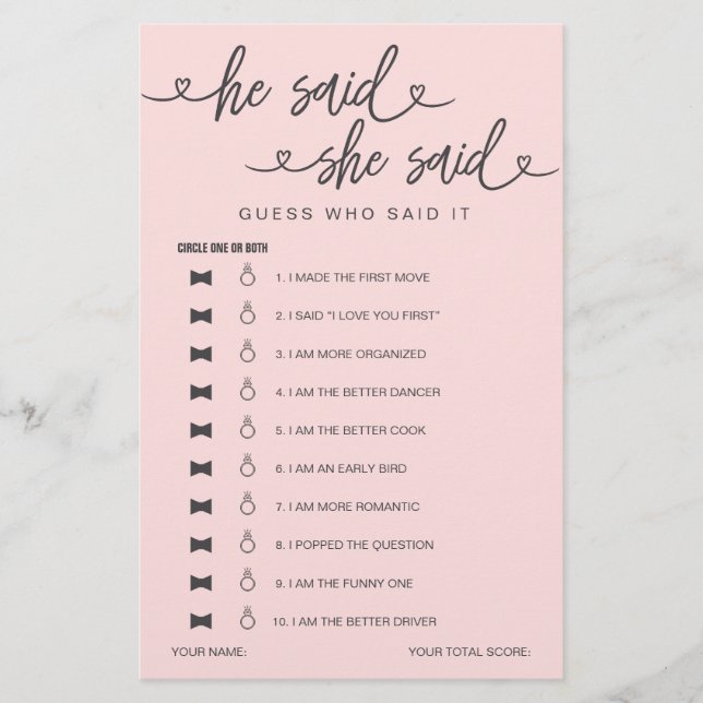 Fête des mariées Jeu Il A Dit Qu'Elle A Dit Devine (Devant)