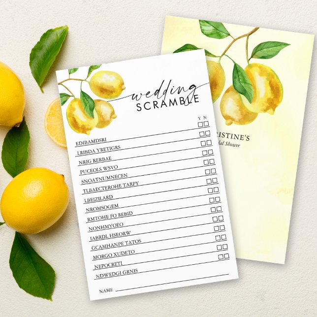 Fête des mariées Jeu Lemon Watercolor Scramble (Keep guests engaged at your pre-wedding event with our vibrant lemon wedding scramble game.)