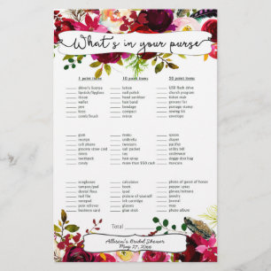 Fête des mariées Jeu sac / bingo, bordeaux floral