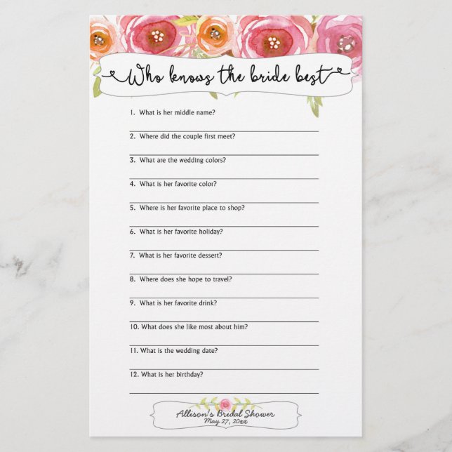 Fête des mariées Jeux qui connaît la mariée mieux  (Devant)