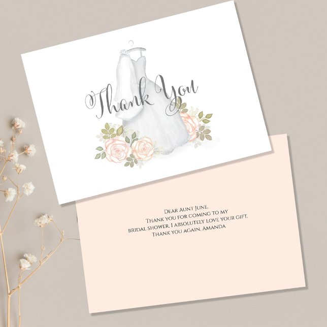 Fête des mariées Mariage Gown Merci (Stylish Thank you postcard with blush pink roses. )
