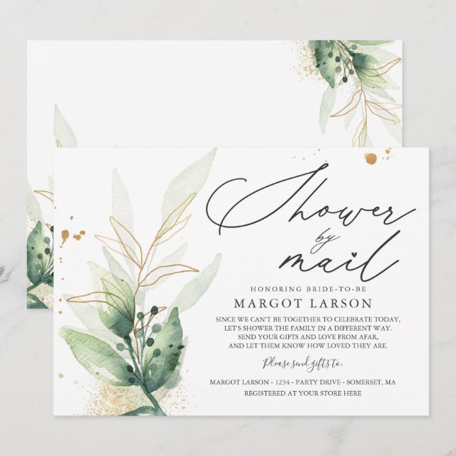 Fête des mariées Par Mail Invitation Verdure & Or (Devant / Derrière)